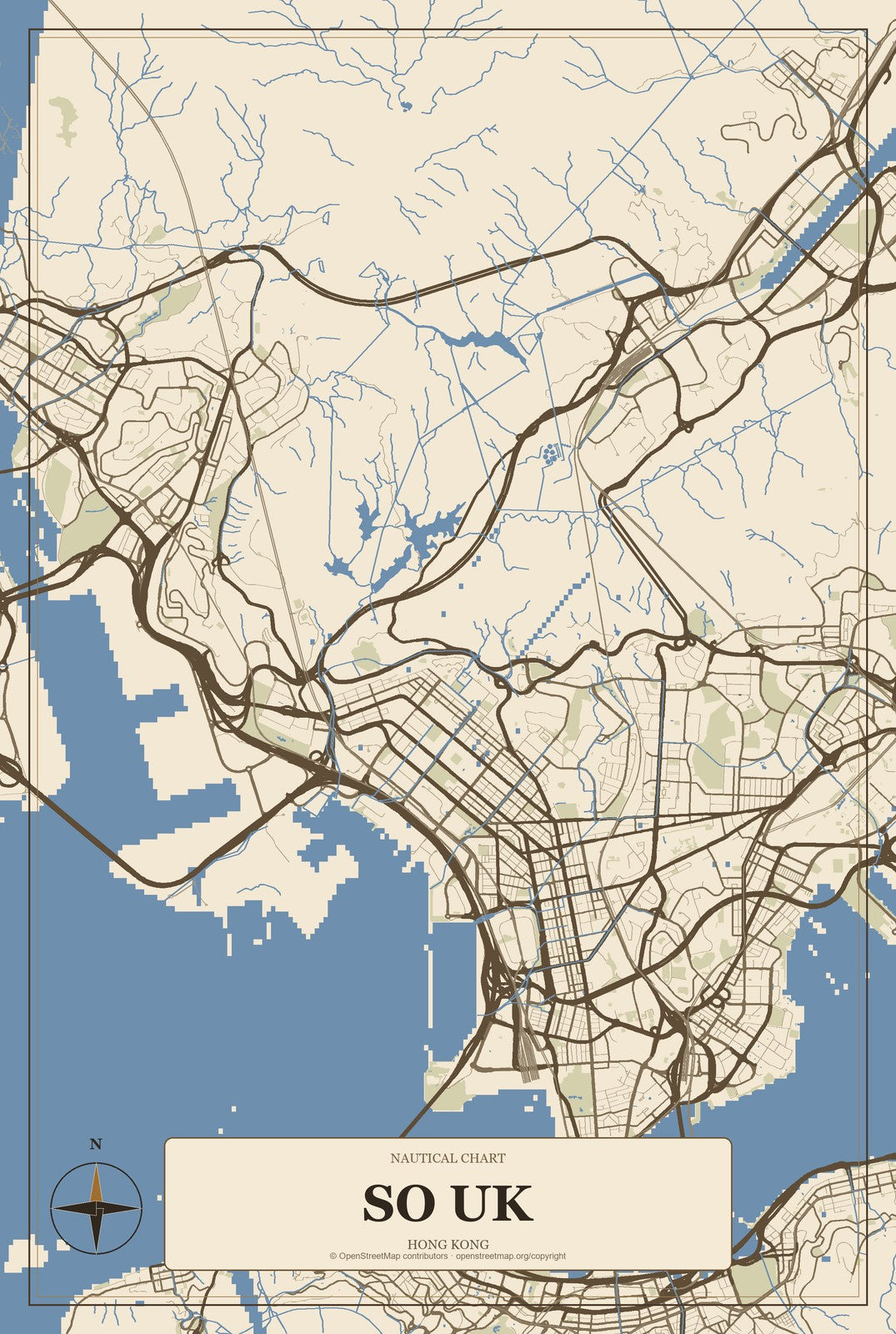 So Uk, Hong Kong City Map Aluminum Sign in Heritage Nautical style