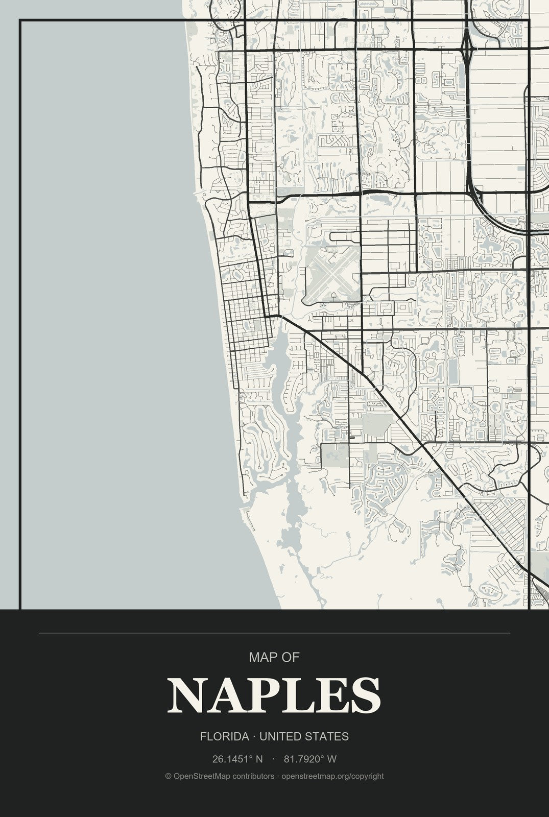 Naples, Florida City Map Aluminum Sign in Museum Plaque style