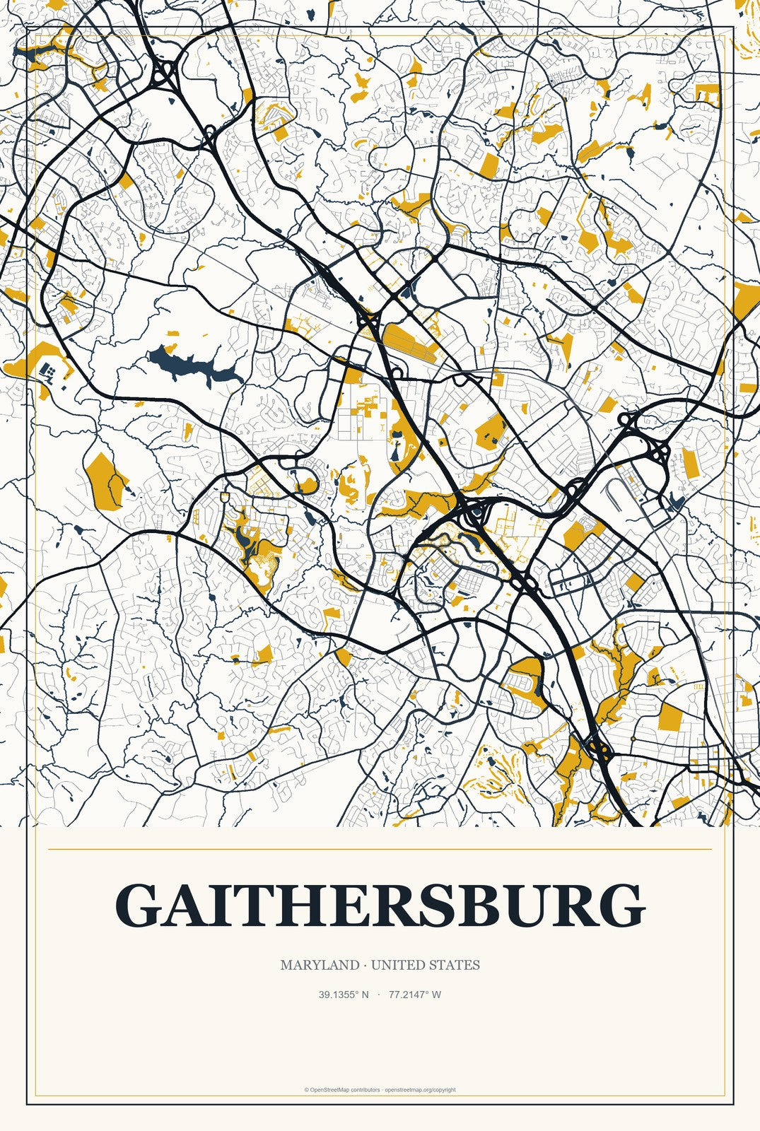 Gaithersburg, Maryland City Map Aluminum Sign in Citrine Modern style