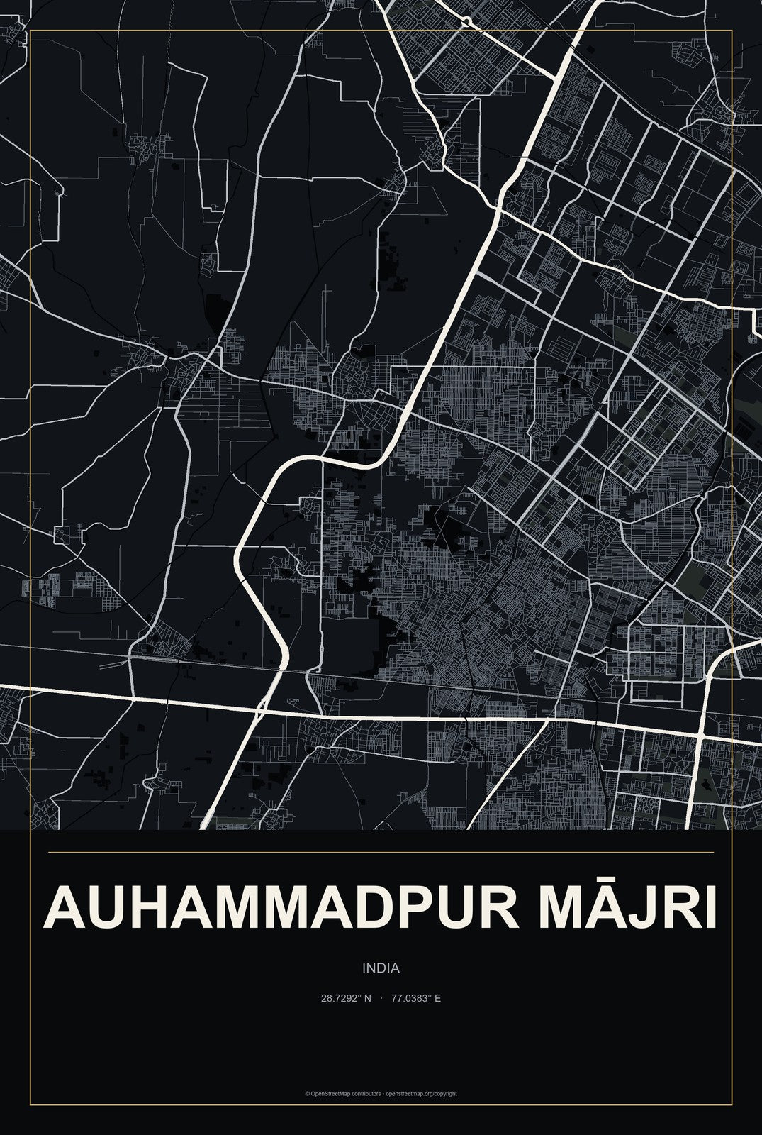 Auhammadpur Mājri, India City Map Aluminum Sign in Metropolitan Noir style