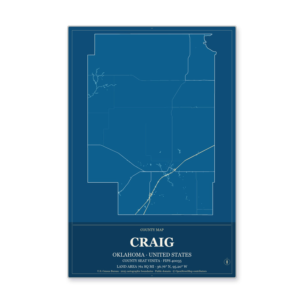 Craig County, Oklahoma Map Aluminum Sign in Harbor Cobalt style