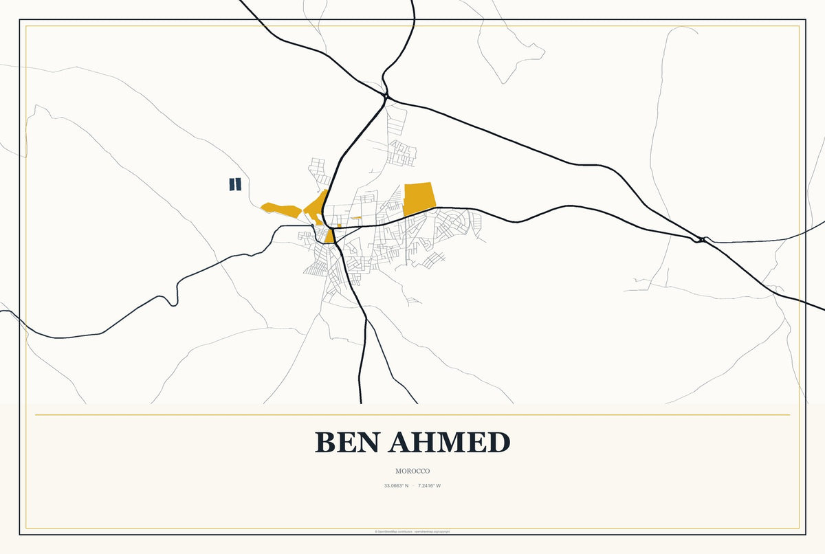 Ben Ahmed, Morocco City Map Aluminum Sign in Citrine Modern style