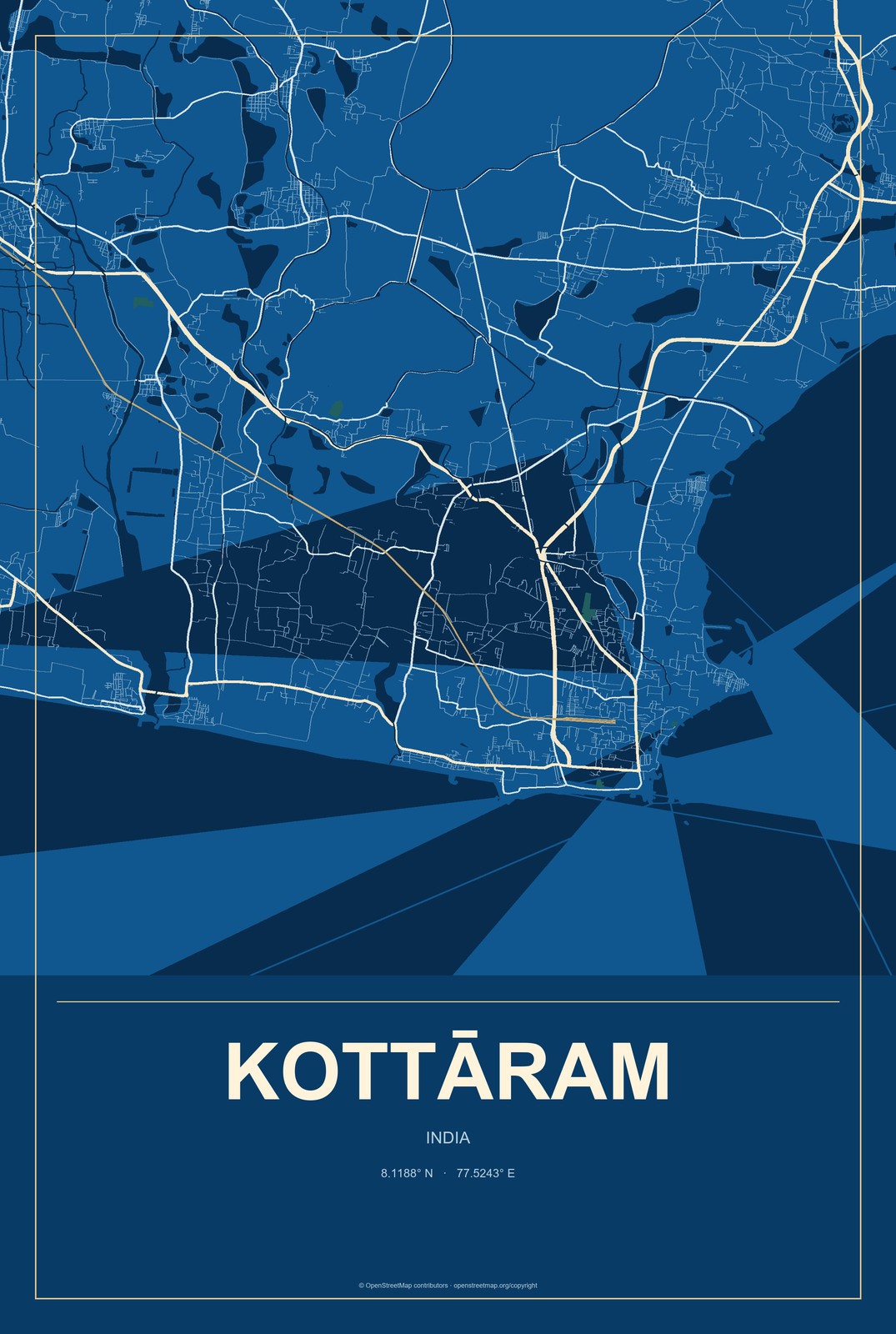 Kottāram, India City Map Aluminum Sign in Harbor Cobalt style