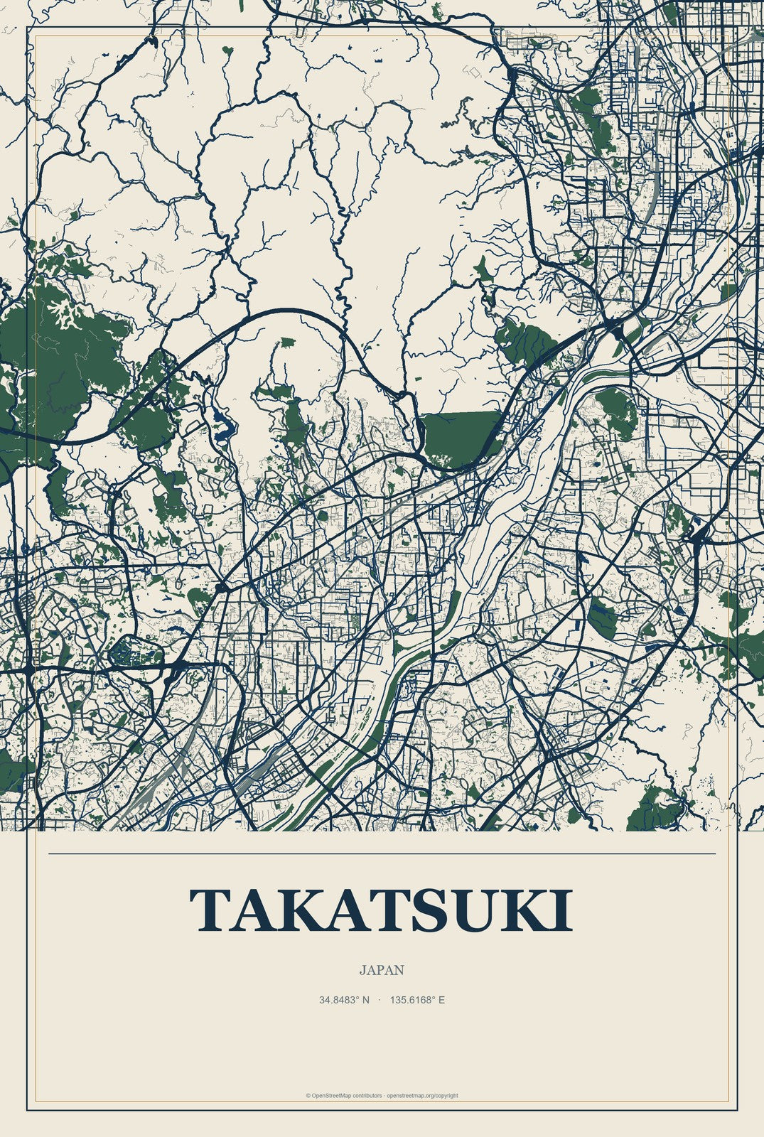 Takatsuki, Japan City Map Aluminum Sign in Coastal Cutout style