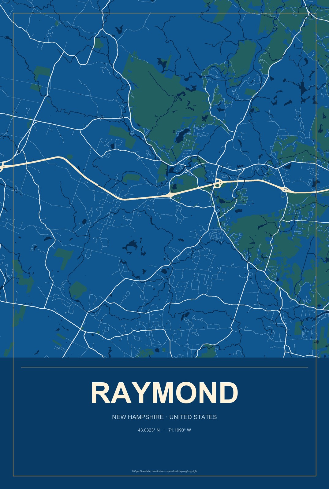 Raymond, New Hampshire City Map Aluminum Sign in Harbor Cobalt style