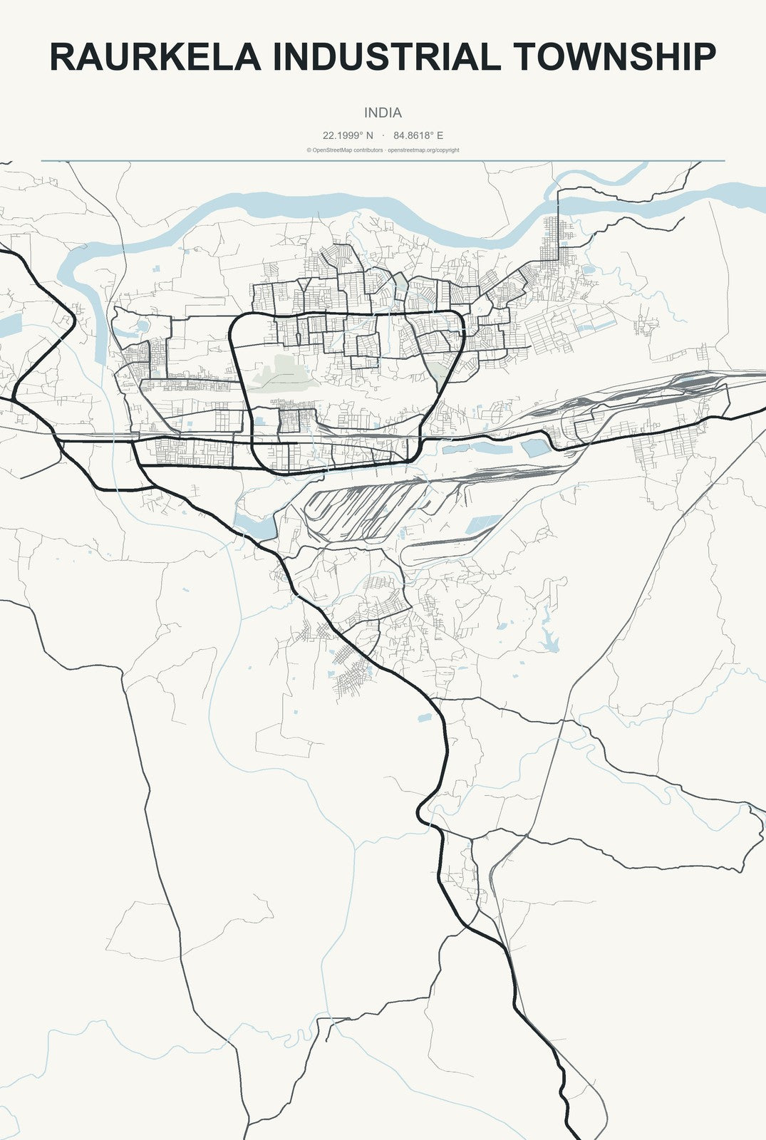 Raurkela Industrial Township, India City Map Aluminum Sign in Headline Atlas style