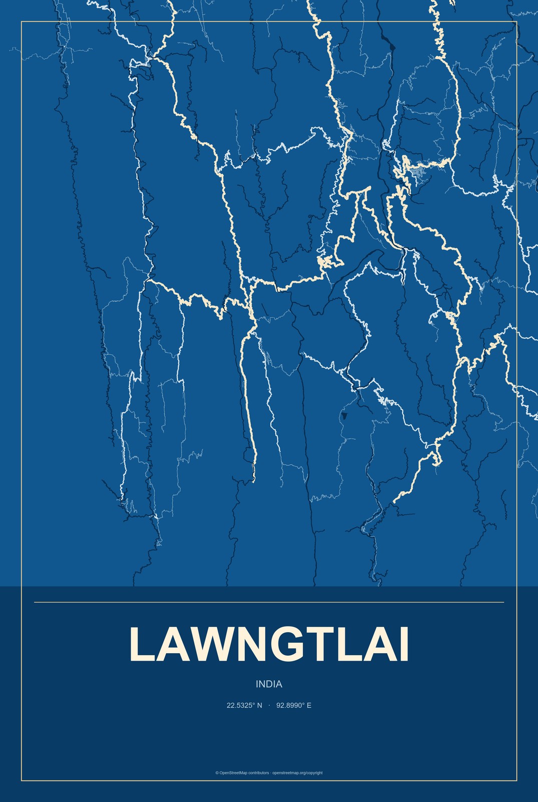 Lawngtlai, India City Map Aluminum Sign in Harbor Cobalt style