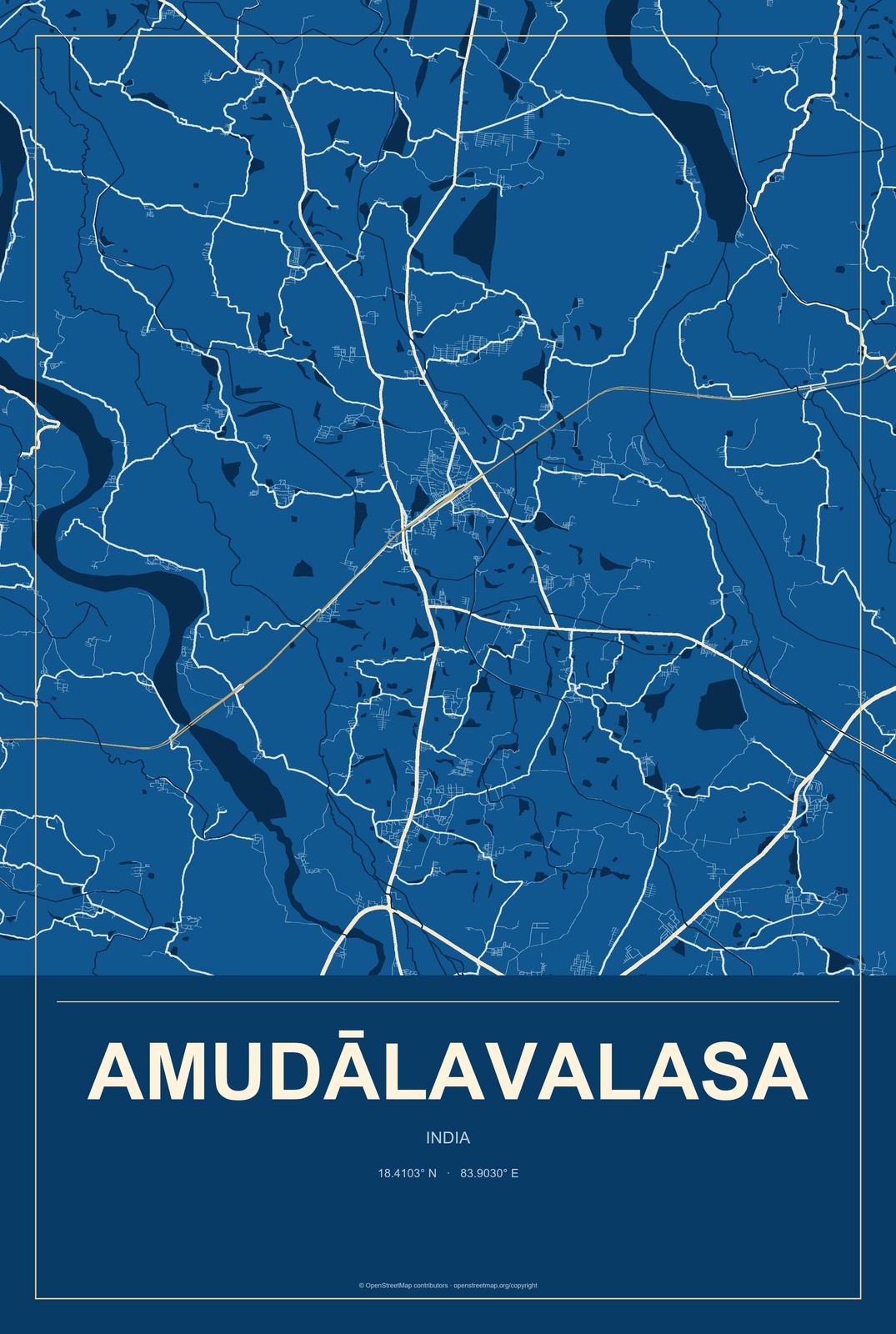 Amudālavalasa, India City Map Aluminum Sign in Harbor Cobalt style