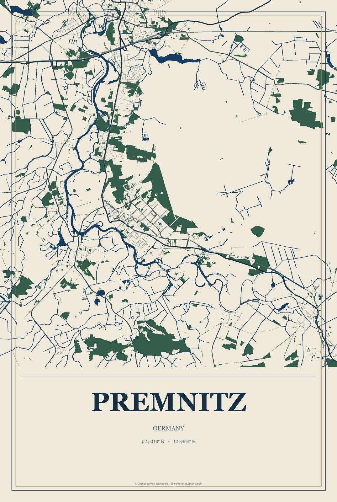 Premnitz, Germany City Map Aluminum Sign in Coastal Cutout style