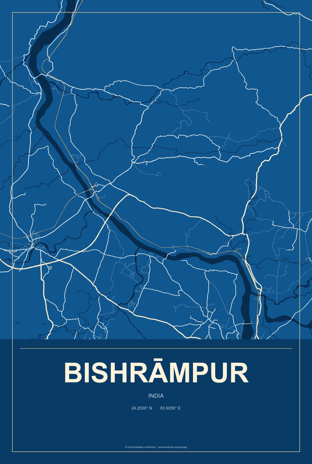 Bishrāmpur, India City Map Aluminum Sign in Harbor Cobalt style