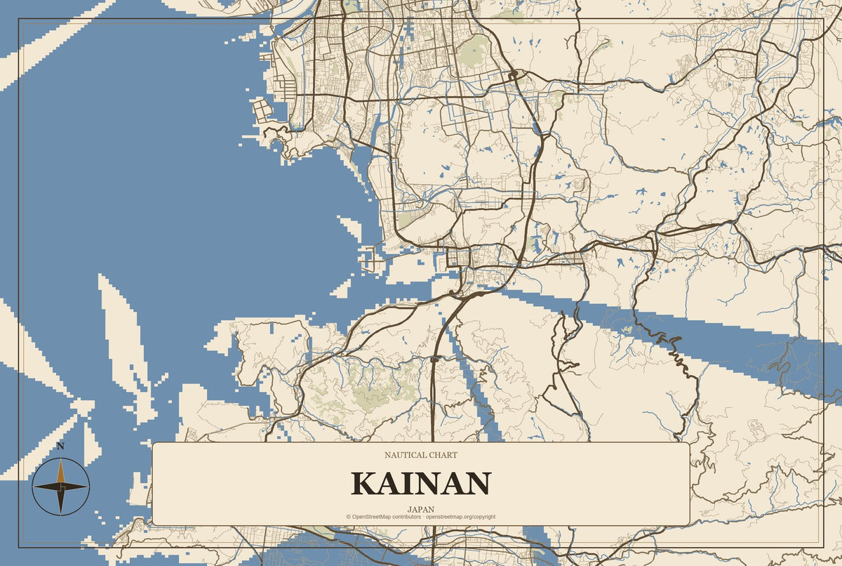 Kainan, Japan City Map Aluminum Sign in Heritage Nautical style