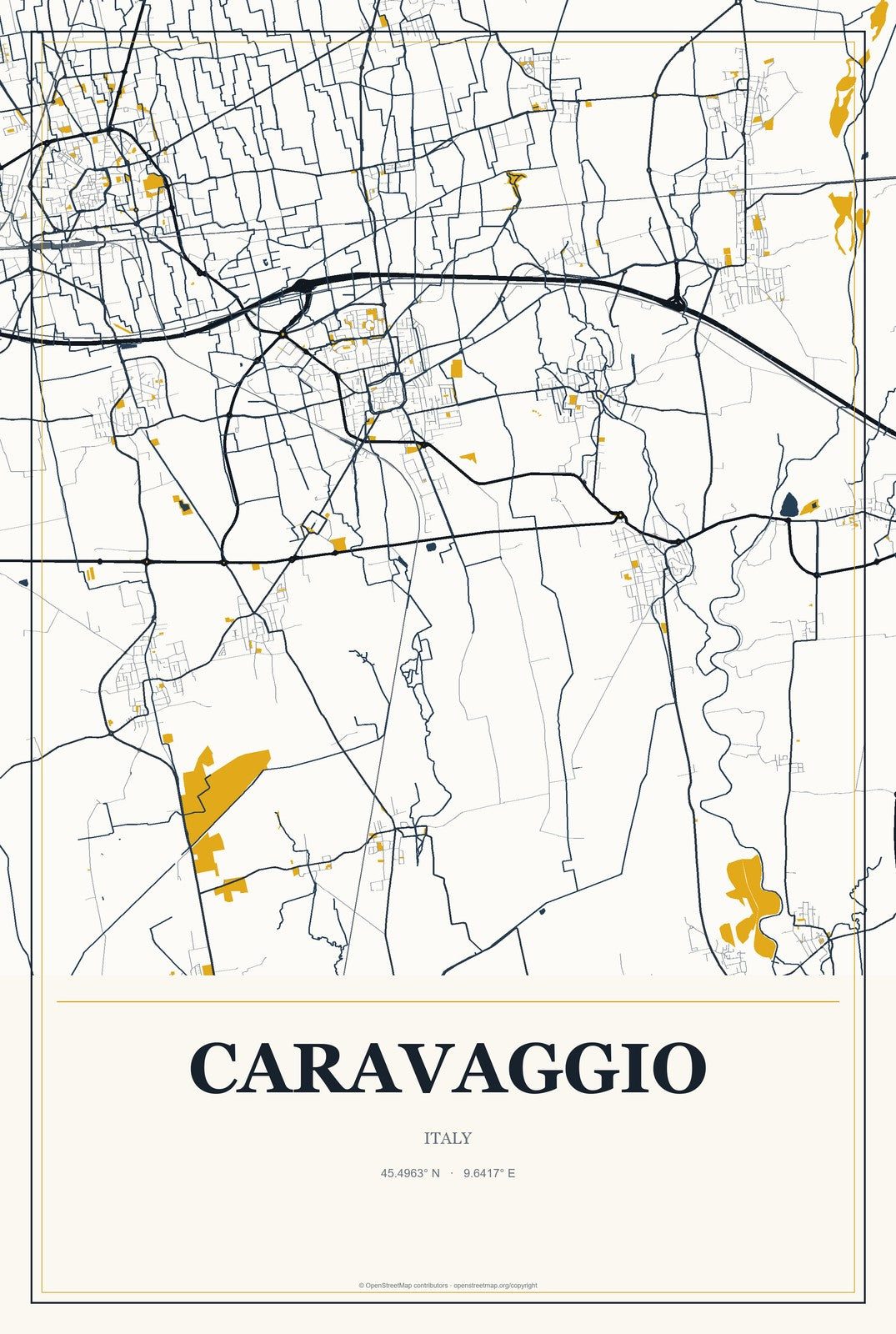 Caravaggio, Italy City Map Aluminum Sign in Citrine Modern style