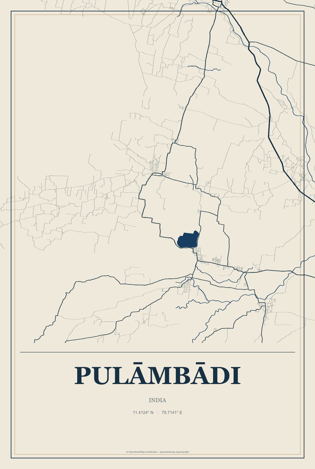 Pulāmbādi, India City Map Aluminum Sign in Coastal Cutout style