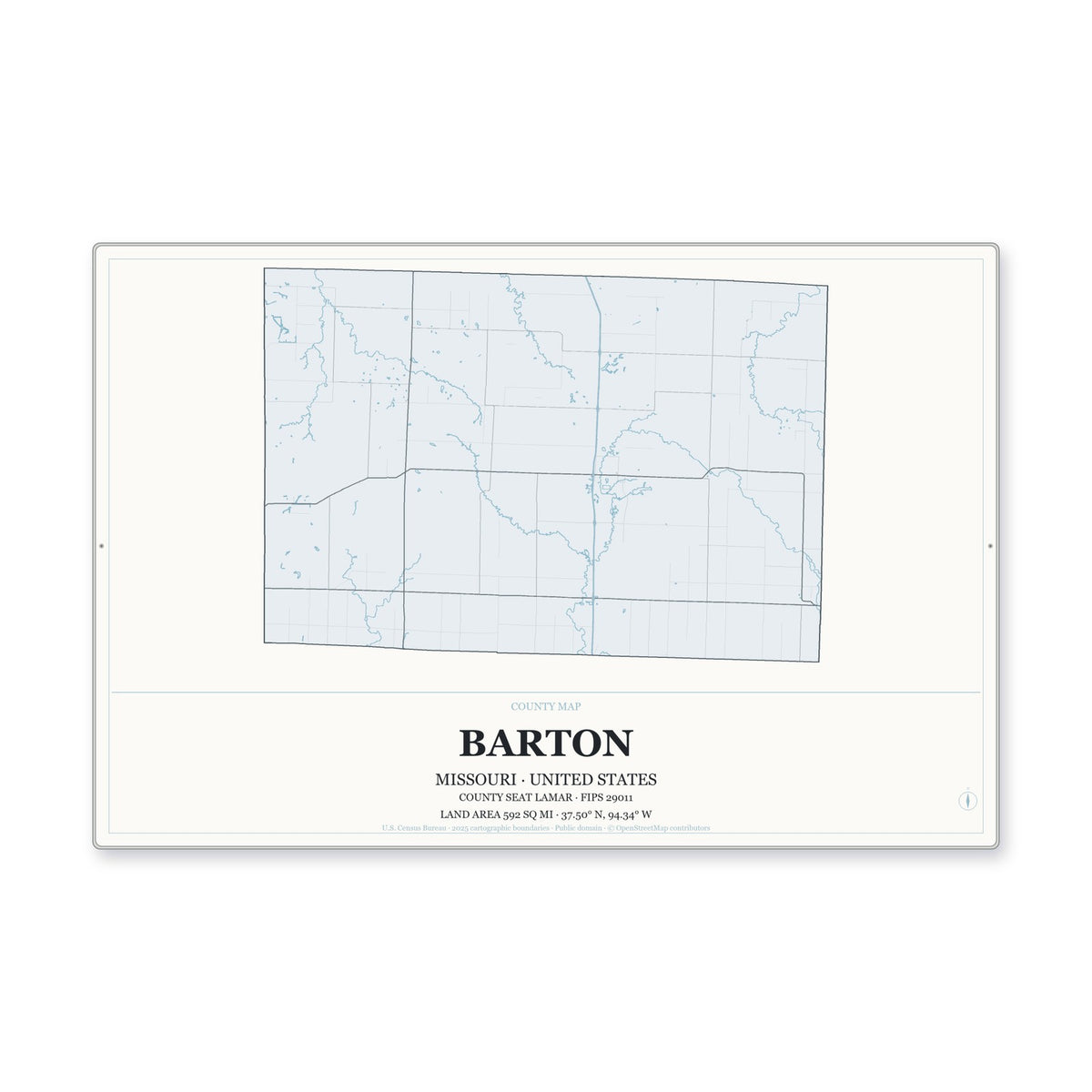 Barton County, Missouri Map Aluminum Sign in Gallery Air style