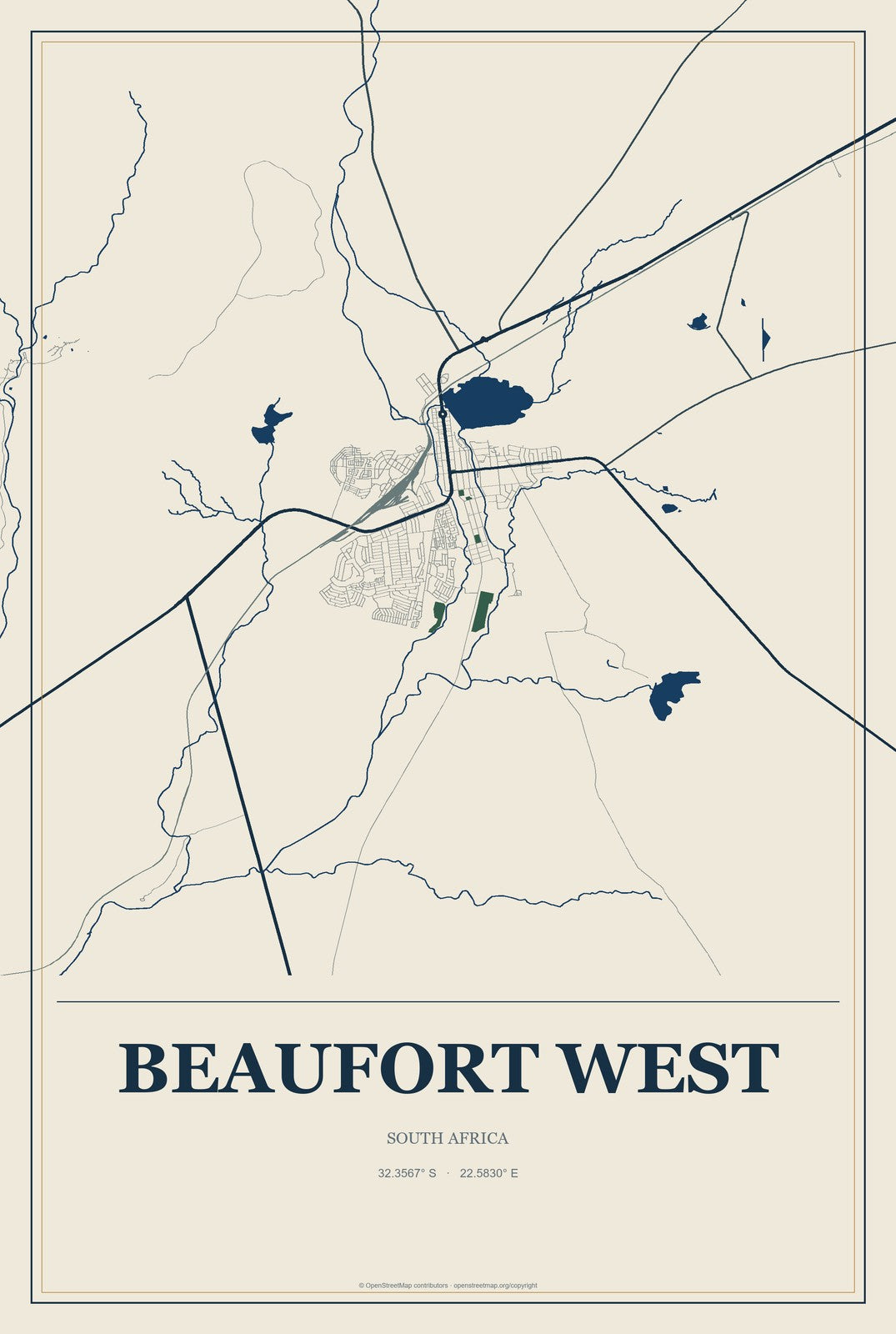 Beaufort West, South Africa City Map Aluminum Sign in Coastal Cutout style