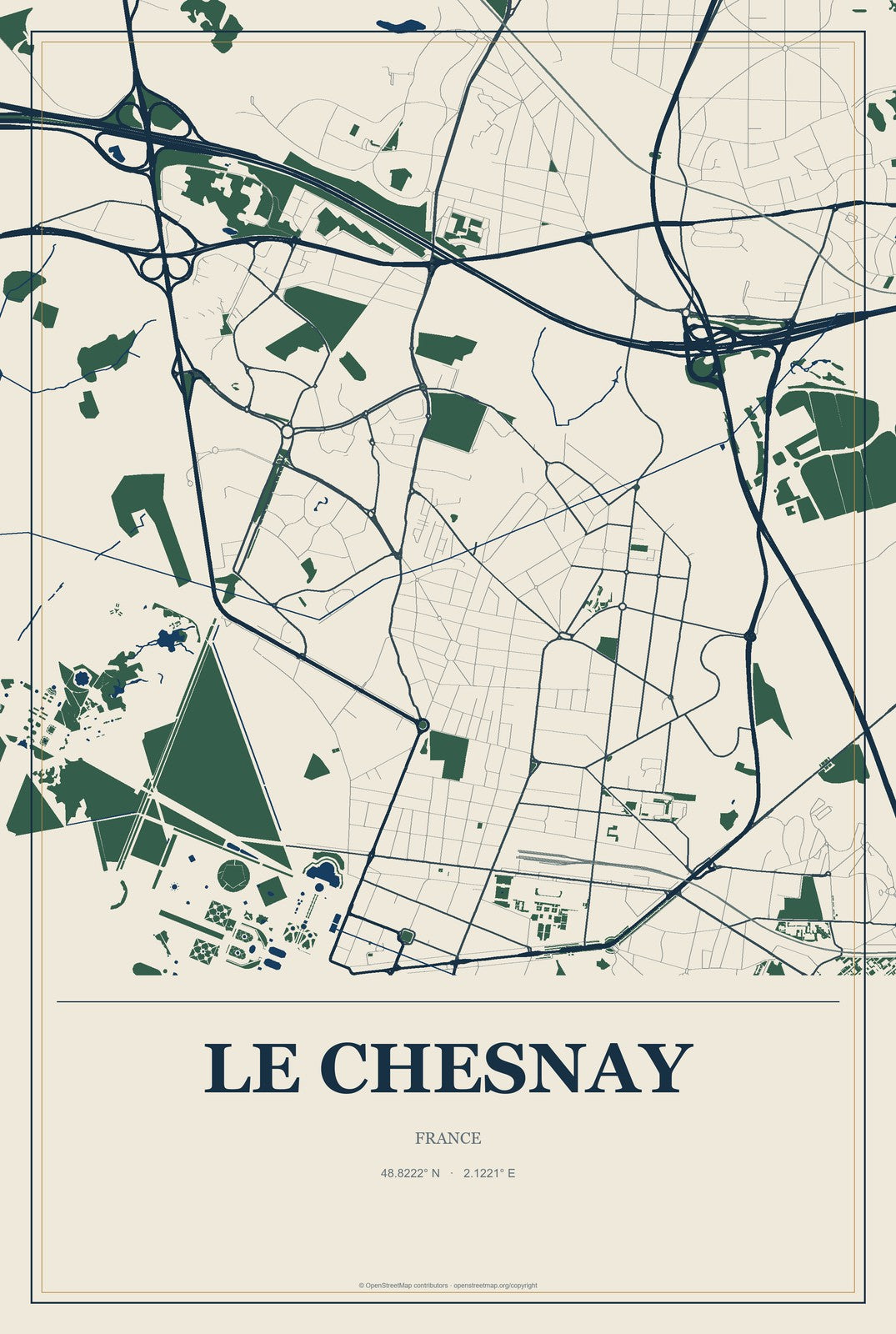 Le Chesnay, France City Map Aluminum Sign in Coastal Cutout style