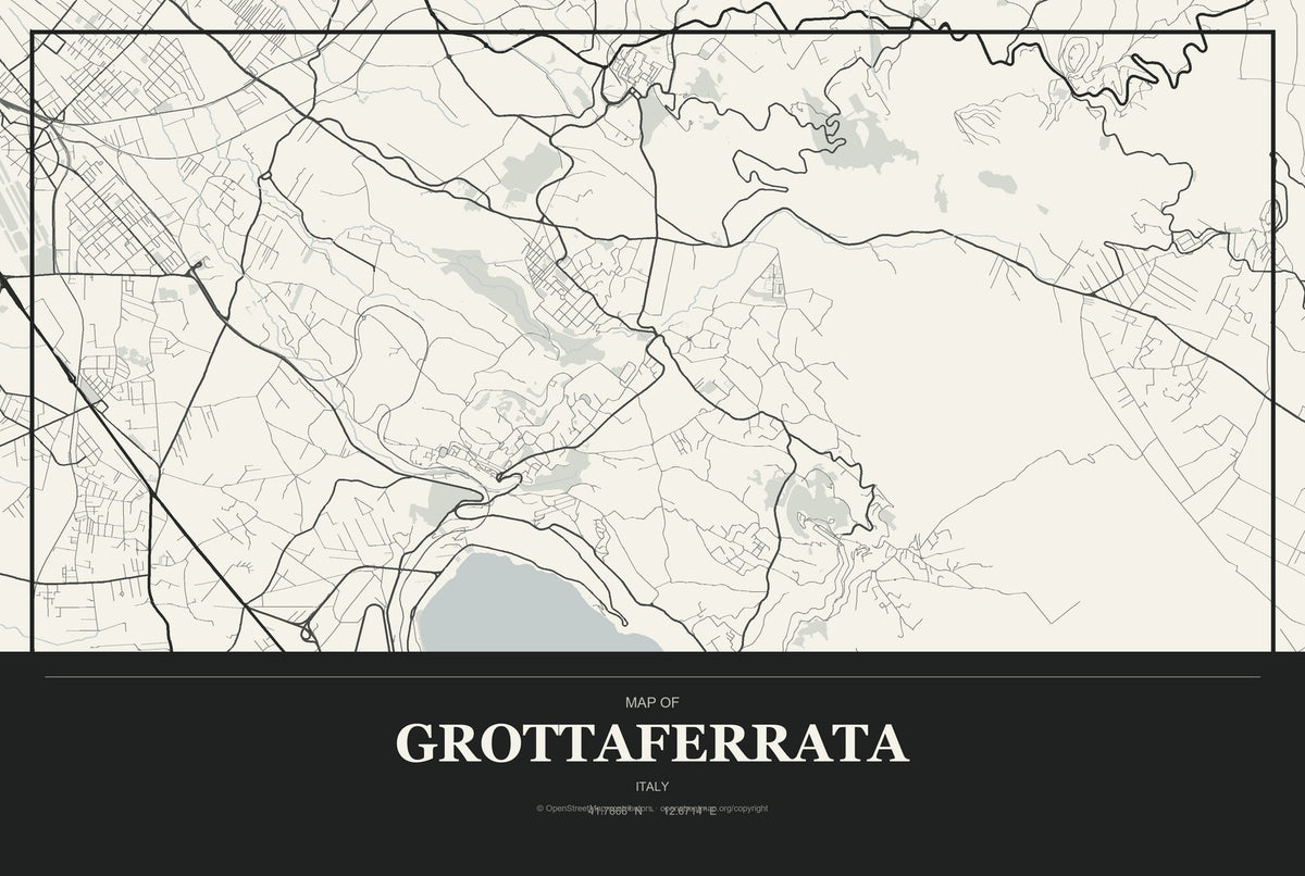 Grottaferrata, Italy City Map Aluminum Sign in Museum Plaque style