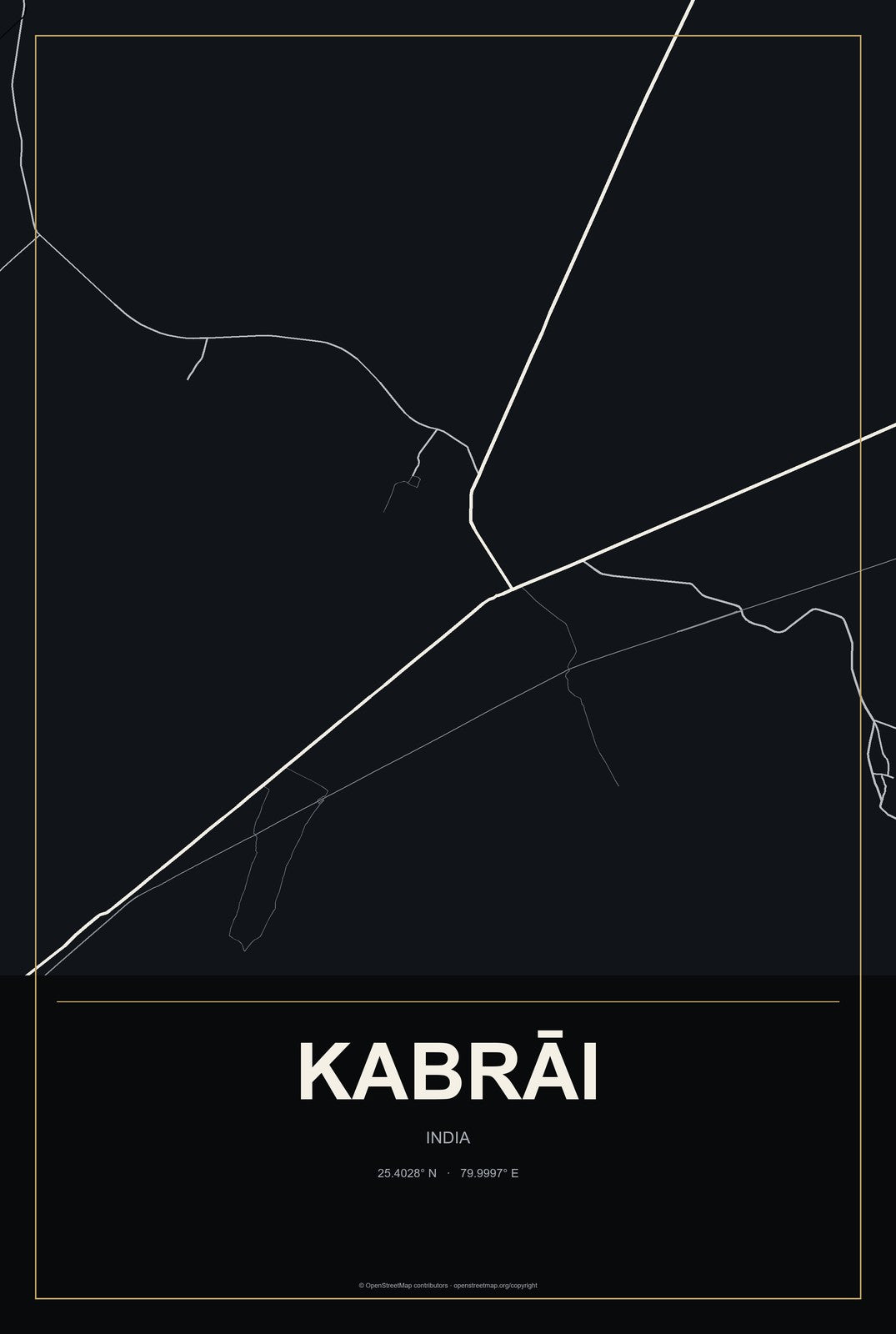Kabrāi, India City Map Aluminum Sign in Metropolitan Noir style