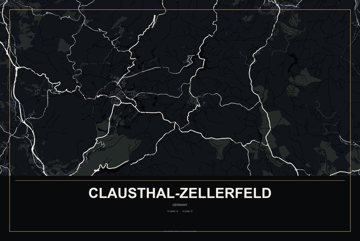 Clausthal-Zellerfeld, Germany City Map Aluminum Sign in Metropolitan Noir style