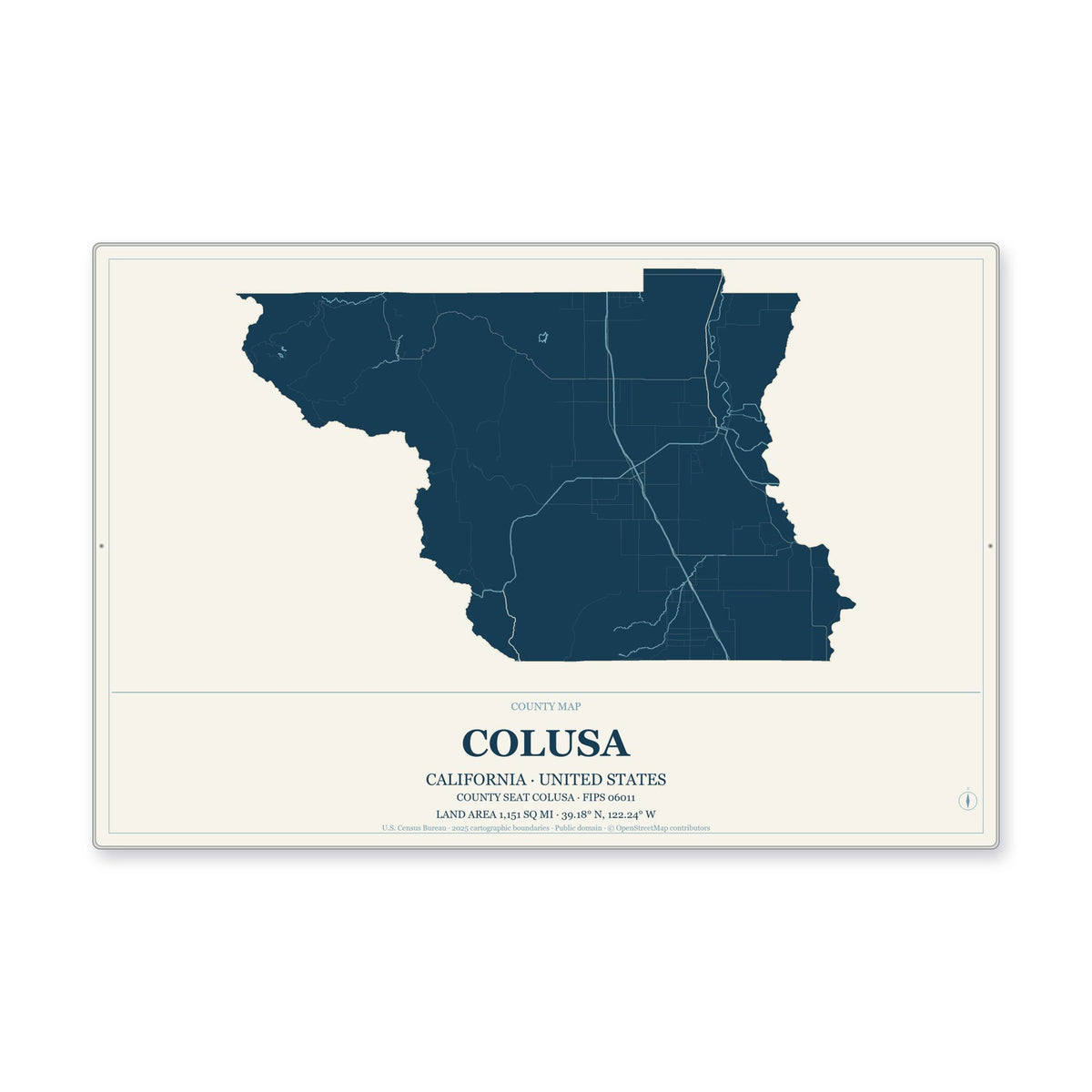Colusa County, California Map Aluminum Sign in Coastal Cutout style