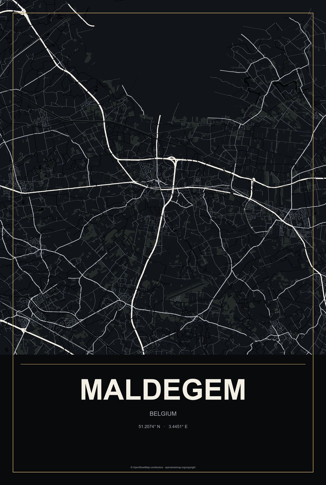 Maldegem, Belgium City Map Aluminum Sign in Metropolitan Noir style