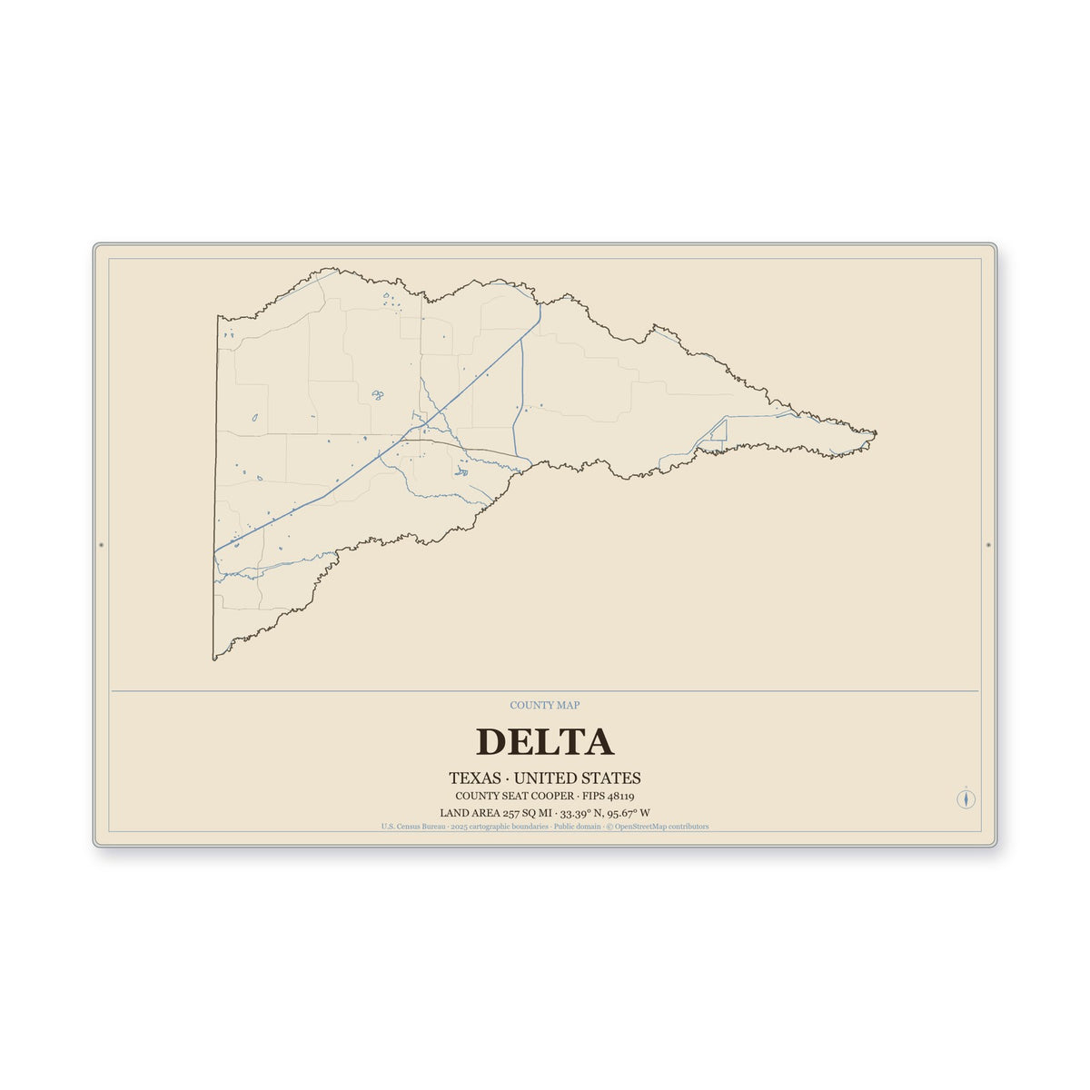 Delta County, Texas Map Aluminum Sign in Heritage Nautical style