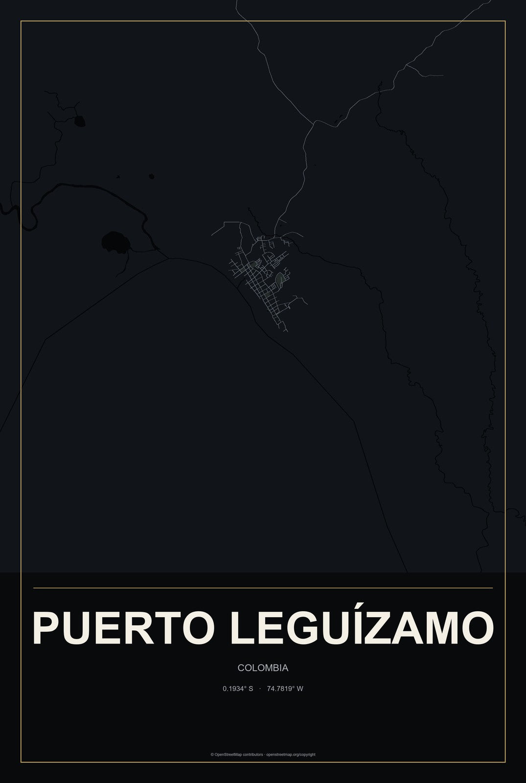 Puerto Leguízamo, Colombia City Map Aluminum Sign in Metropolitan Noir style
