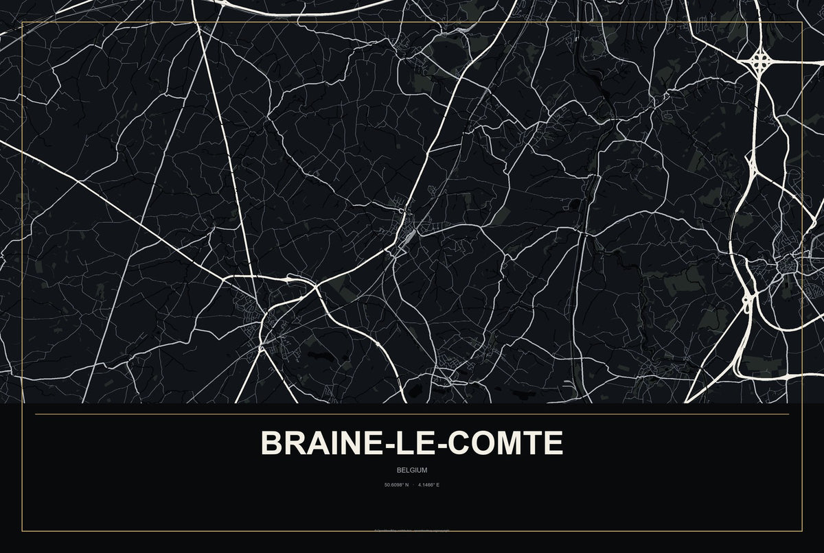 Braine-le-Comte, Belgium City Map Aluminum Sign in Metropolitan Noir style