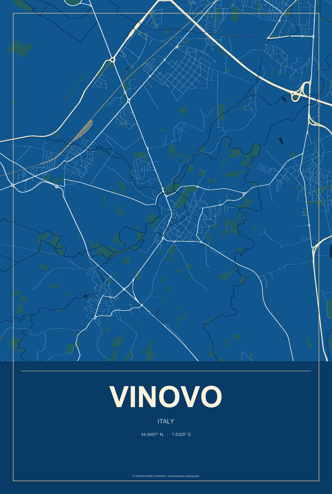 Vinovo, Italy City Map Aluminum Sign in Harbor Cobalt style