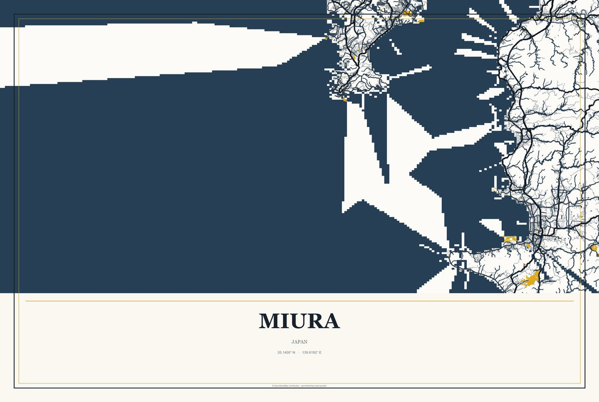 Miura, Japan City Map Aluminum Sign in Citrine Modern style