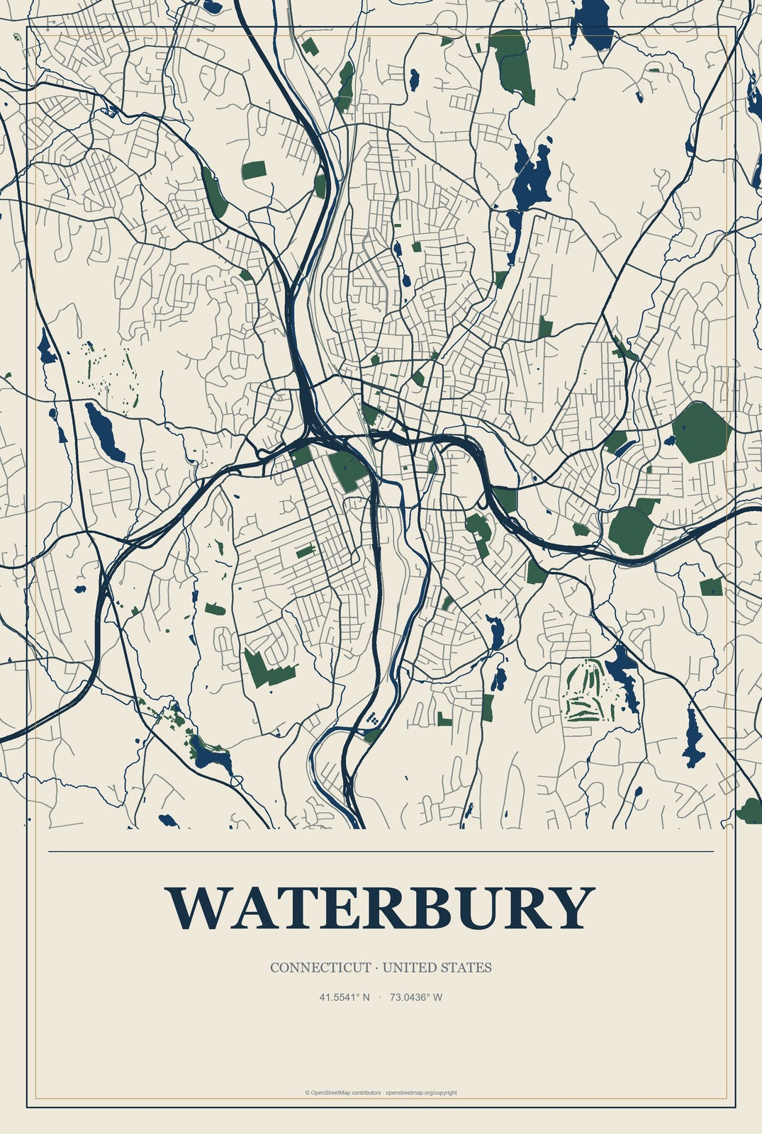 Waterbury, Connecticut City Map Aluminum Sign in Coastal Cutout style