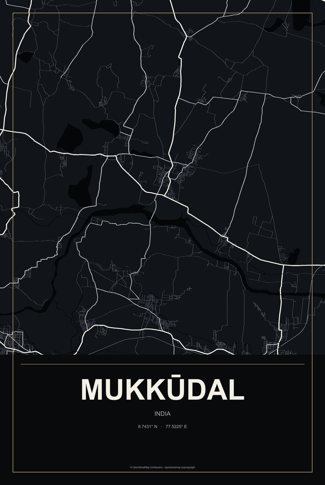 Mukkūdal, India City Map Aluminum Sign in Metropolitan Noir style