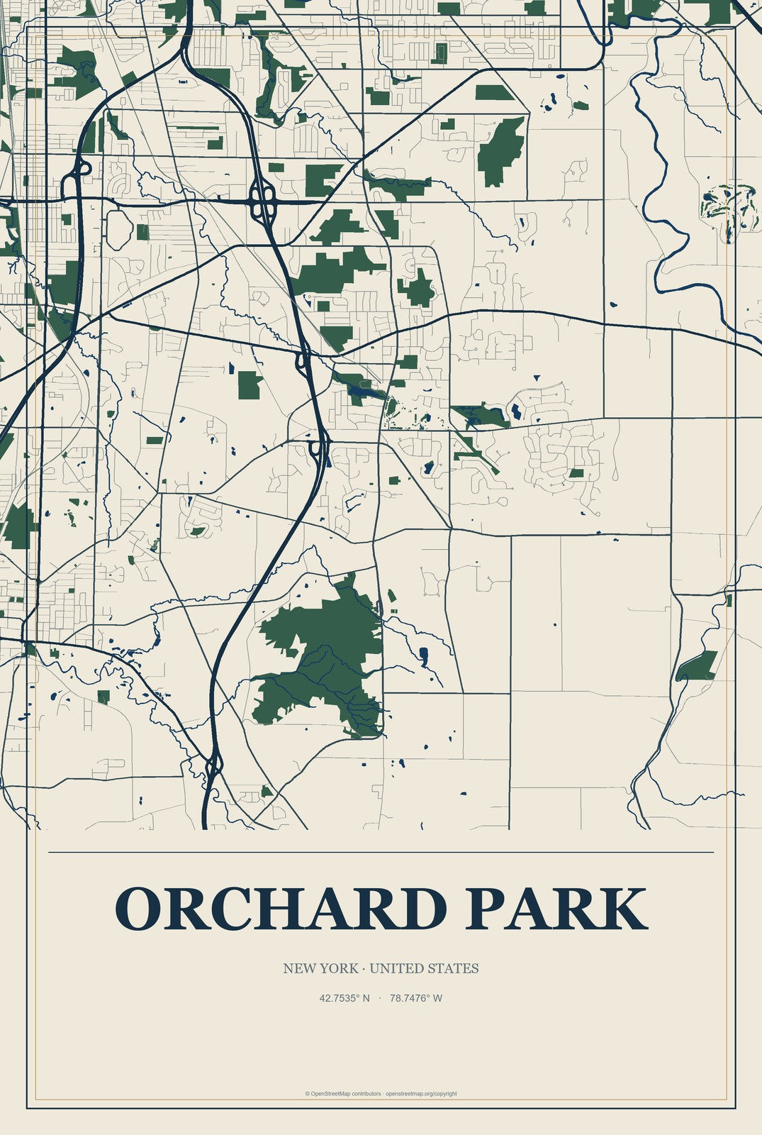 Orchard Park, New York City Map Aluminum Sign in Coastal Cutout style
