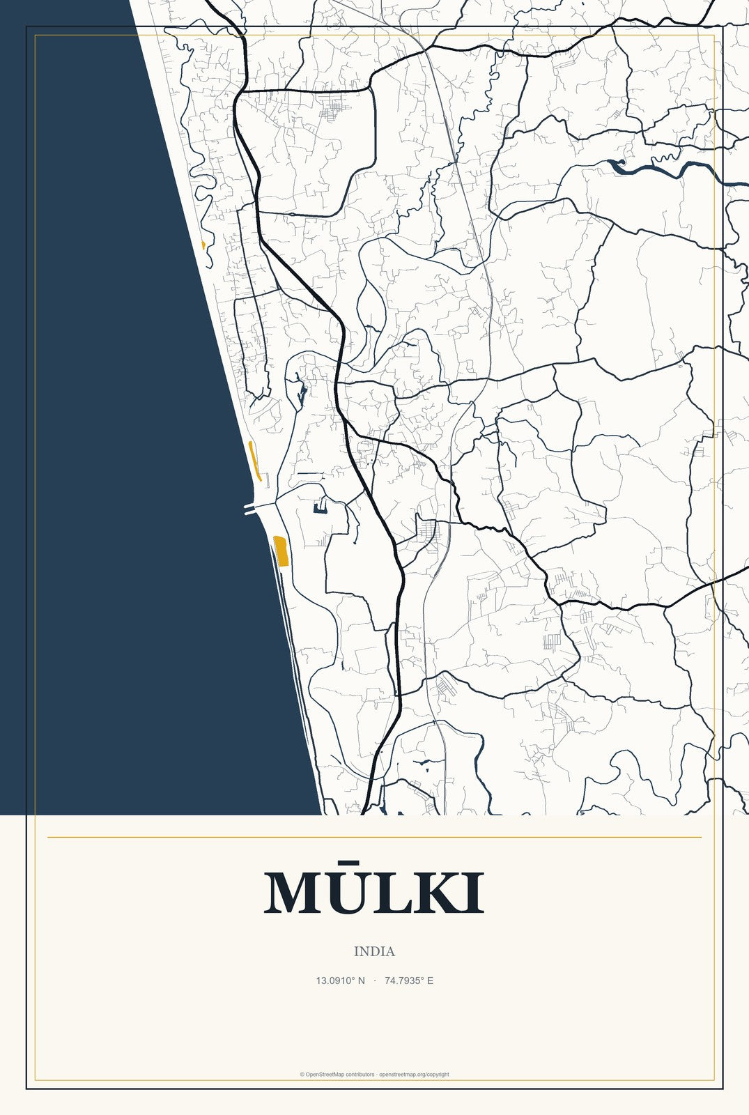 Mūlki, India City Map Aluminum Sign in Citrine Modern style