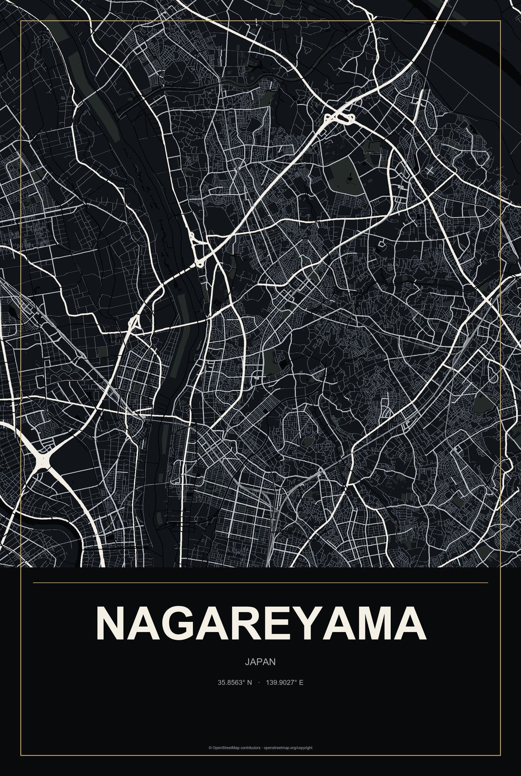 Nagareyama, Japan City Map Aluminum Sign in Metropolitan Noir style
