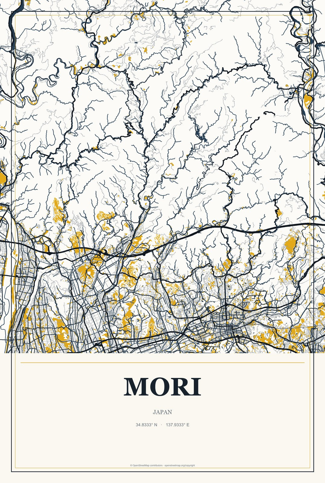 Mori, Japan City Map Aluminum Sign in Citrine Modern style