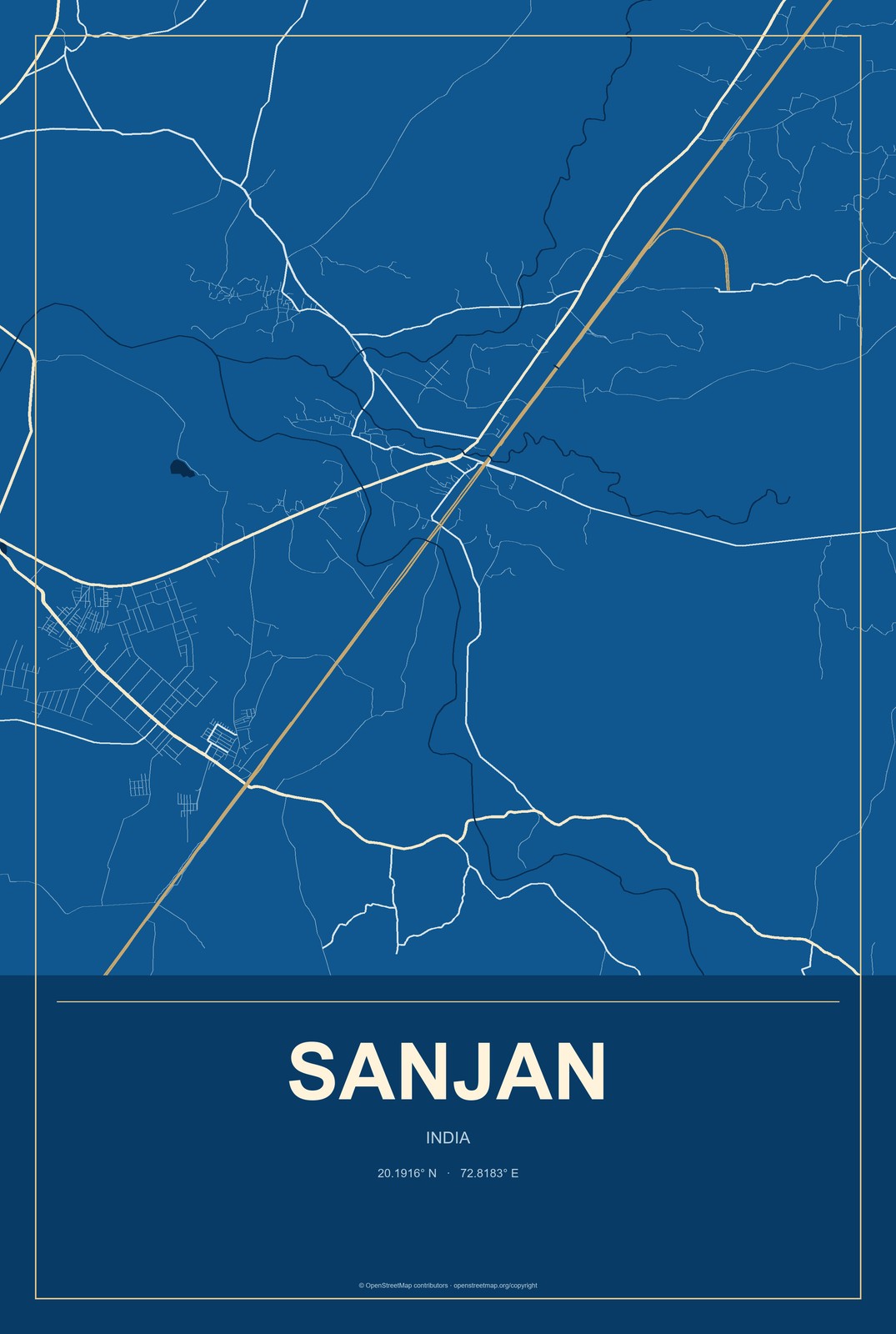 Sanjan, India City Map Aluminum Sign in Harbor Cobalt style