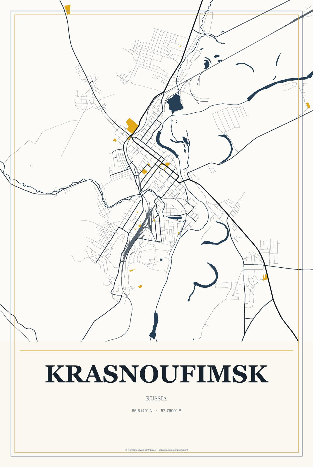 Krasnoufimsk, Russia City Map Aluminum Sign in Citrine Modern style