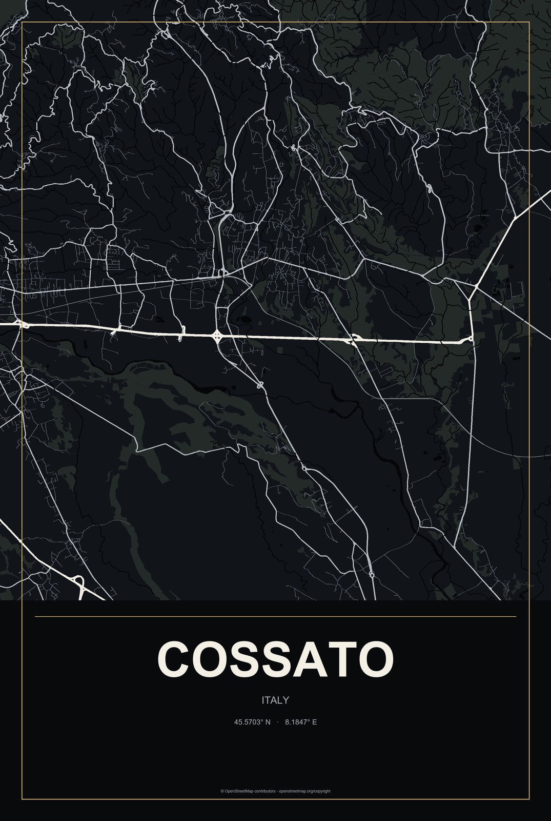 Cossato, Italy City Map Aluminum Sign in Metropolitan Noir style