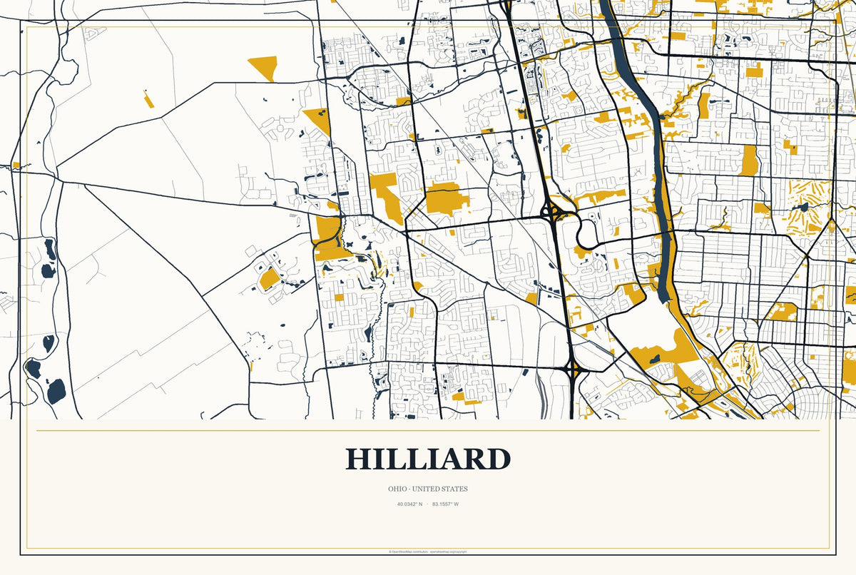 Hilliard, Ohio City Map Aluminum Sign in Citrine Modern style