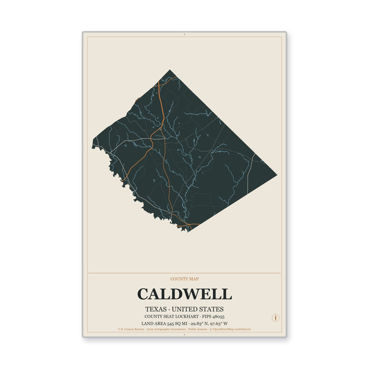 Caldwell County, Texas Map Aluminum Sign in Headline Atlas style