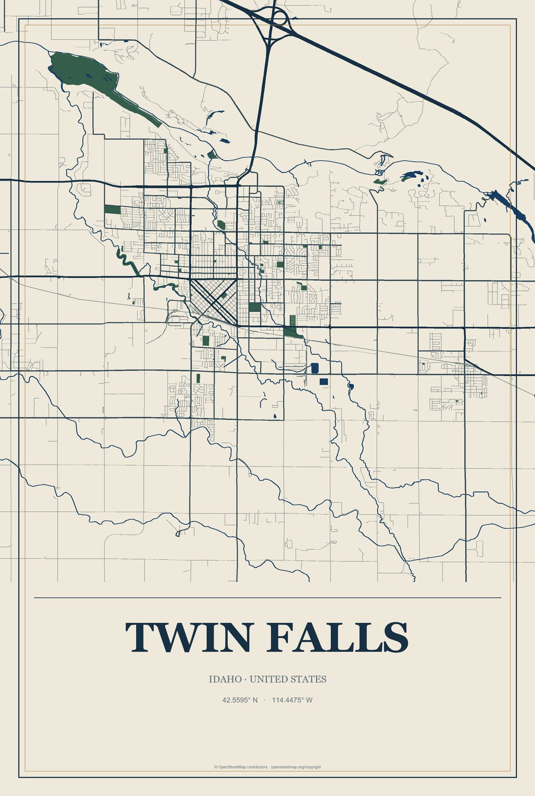 Twin Falls, Idaho City Map Aluminum Sign in Coastal Cutout style