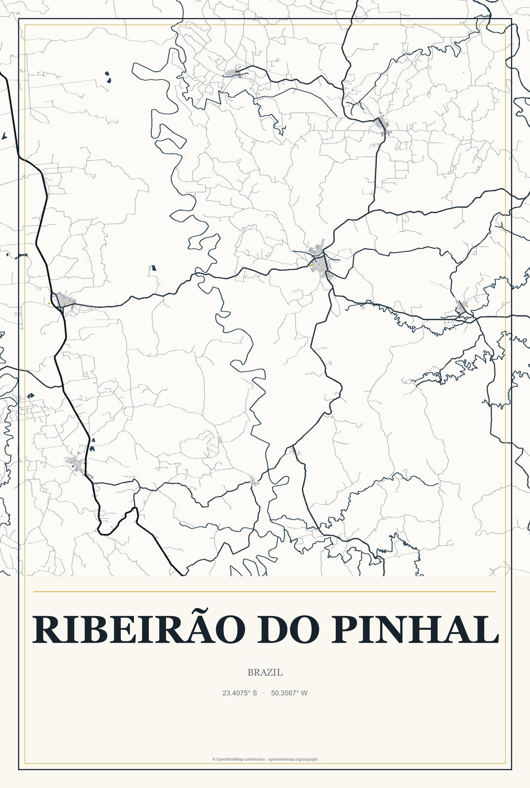Ribeirão do Pinhal, Brazil City Map Aluminum Sign in Citrine Modern style