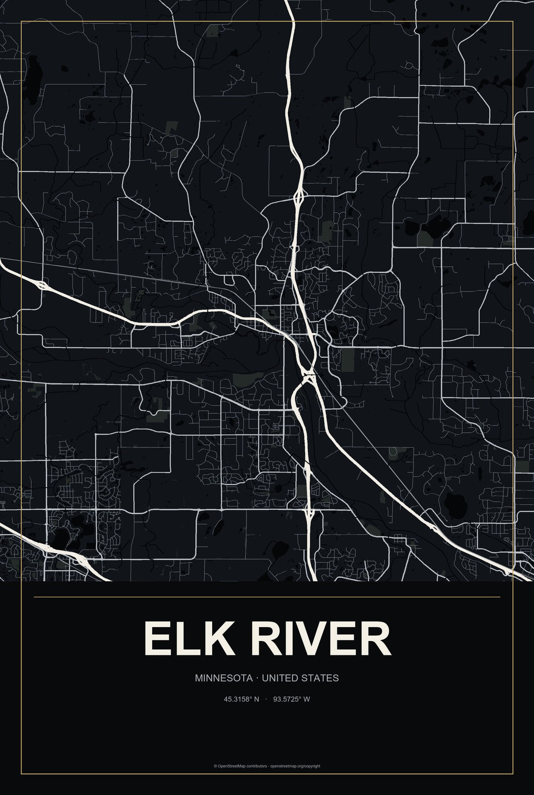 Elk River, Minnesota City Map Aluminum Sign in Metropolitan Noir style