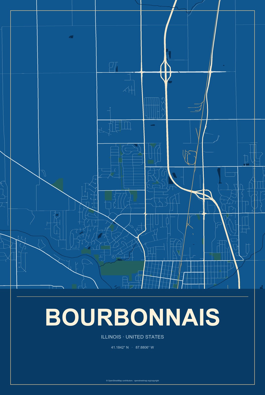 Bourbonnais, Illinois City Map Aluminum Sign in Harbor Cobalt style