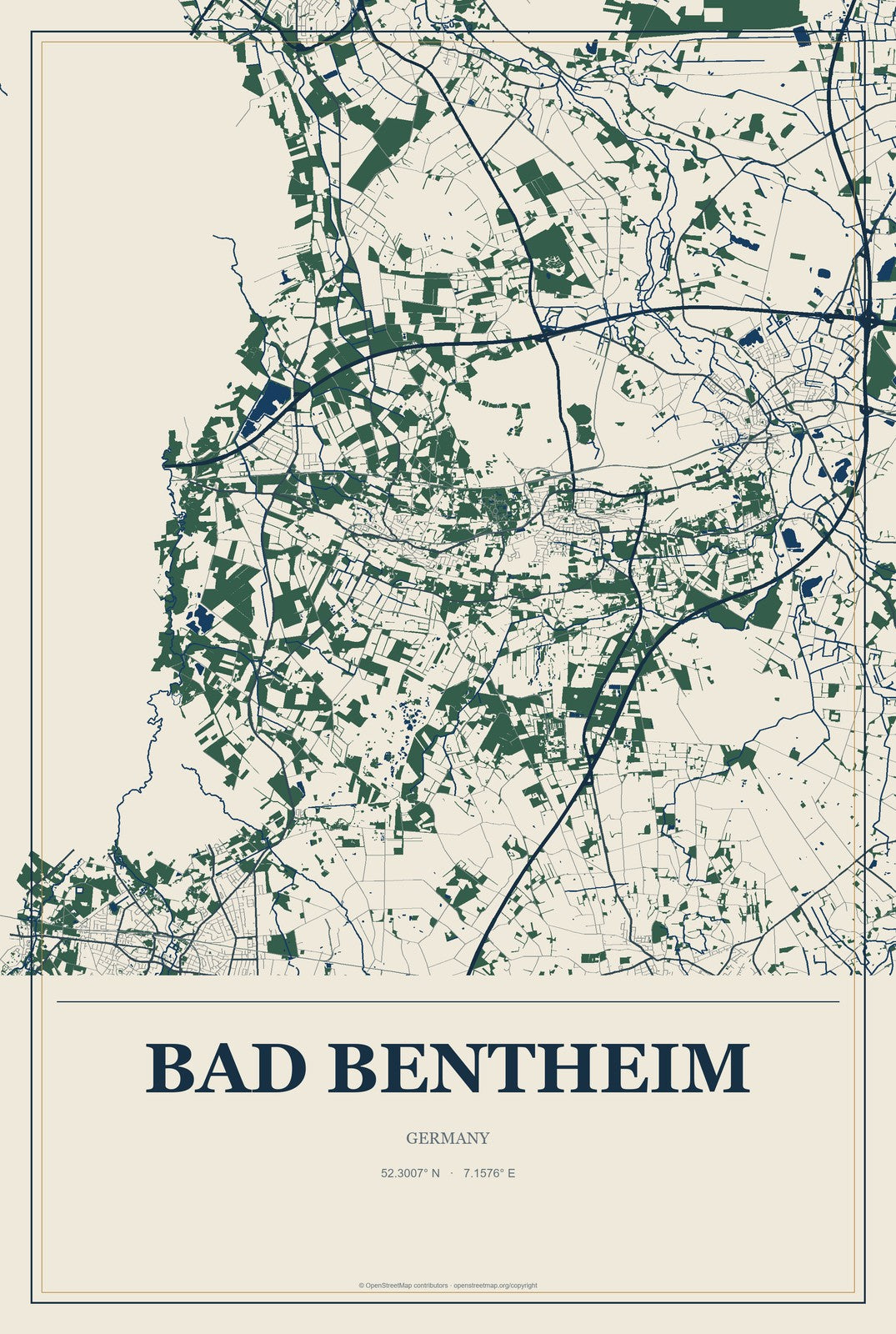 Bad Bentheim, Germany City Map Aluminum Sign in Coastal Cutout style