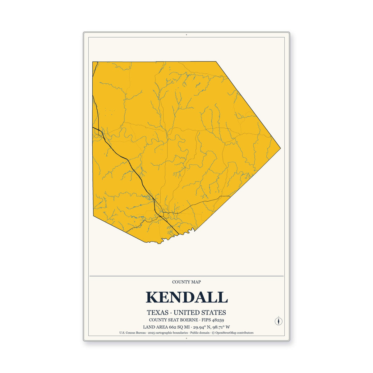 Kendall County, Texas Map Aluminum Sign in Citrine Modern style