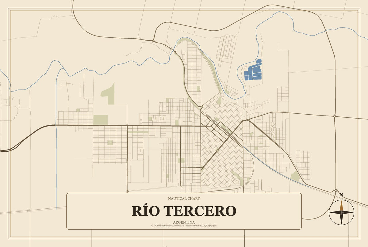 Río Tercero, Argentina City Map Aluminum Sign in Heritage Nautical style