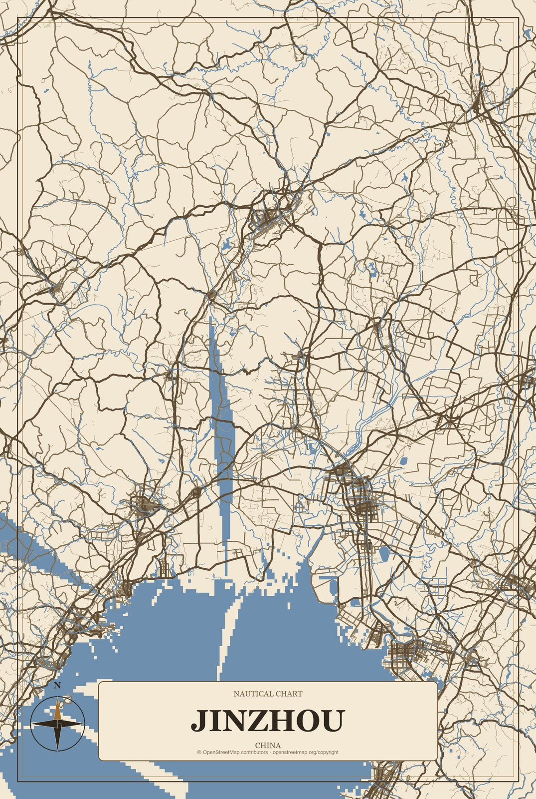 Jinzhou, China City Map Aluminum Sign in Heritage Nautical style