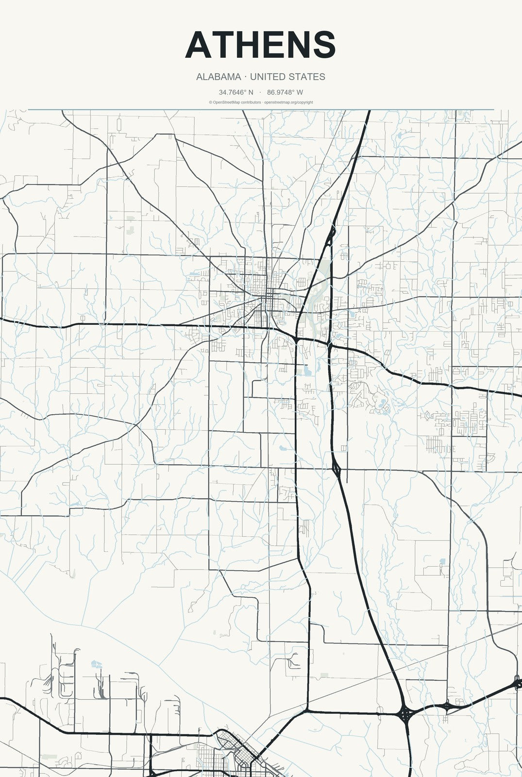 Athens, Alabama City Map Aluminum Sign in Headline Atlas style